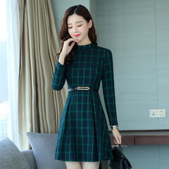 dress autumn outfit plaid print long sleeve o neck belted outfit Mssaz Desses