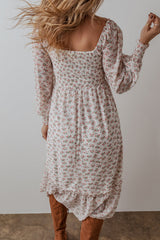 White Floral Print Shirred Ruffled Hem Square Neck Midi Dress Mssaz Desses