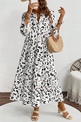 White Leopard Print Notch V Neck Loose Fit Maxi Dress Mssaz Desses