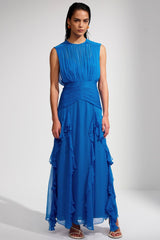 Eileen Pleated Round Neck Ruffle Maxi Dress Mssaz Desses