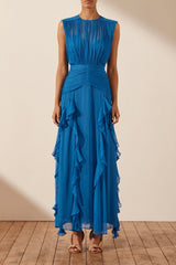 Eileen Pleated Round Neck Ruffle Maxi Dress Mssaz Desses