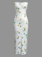 Floral Print Ruched Slit Strapless Maxi Dress Mssaz Desses