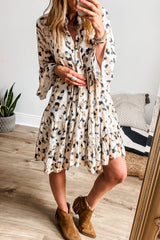 Khaki Leopard Print Buttoned Front 3/4 Sleeve Tiered Ruffled Hem Dress Mssaz Desses