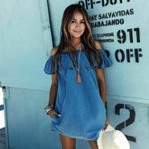 Fashon Casual Beach Dress Denim Off Shoulder Ruffles Blue A-Line Mini Dress Outfit Party Sunsuit Mssaz Desses