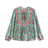Floral Printed V-Neck Lace-Up Boho Blouse Mssza