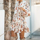 Frill Ruffle Boho Dress Floral Print Mini Dresses V-Neck Long Sleeve Beach dress 2019 Clothing Female Vestidos Mssaz Desses