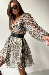 Gail Printed V-neck Belted Chiffon Mini Dress Mssaz Desses