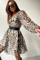 Gail Printed V-neck Belted Chiffon Mini Dress Mssaz Desses