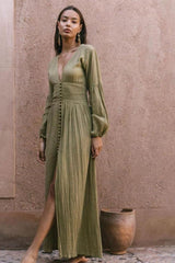 Giselle V-neck Plisse Maxi Milkmaid Dress Mssaz Desses
