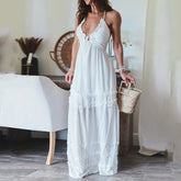 Chest Wrap Halter Ruffles Trim Maxi Boho Dress Mssaz Desses