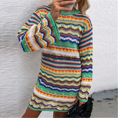 Knitted Sleeve Midi Pullover Autumn Winter Print Panelled Hollow Out Streetwear Top Mssaz Desses