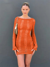Knitted Bodycon Hollow Out Long Sleeve Beach See Through Striped Party Mini Dress Mssaz Desses