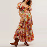 Waist A-Line Neck Tunic Short Puff Sleeve Floral Printed Maxi Boho Dress Mssaz Desses