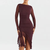 Hem Mermaid Bodycon Mesh Long Sleeve Tail Spring Fall Cocktail Elegant Vestidos Midi Dress Mssaz Desses
