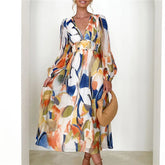 Spring Print V-Neck Long Sleeve A-line Holiday Boho Dress Mssaz Desses