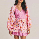 Layered Patchwork Belted Mini Sun V Neck Long Sleeve Boho Dress Mssaz Desses