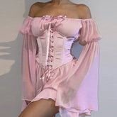 Puff Sleeve Off Shoulder Lace Up Swing Ruffle Mesh Party Body Shaper Bustier Corset Mini Dress Mssaz Desses