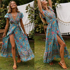 Holiday Long Dress Boho Dresses Lady Boho Floral V-neck Long Maxi Dress Beachwear Sundress Mssaz Desses