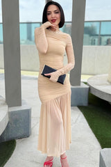 Jessie Long Sleeve Pleated Mesh Maxi Dress Mssaz Desses