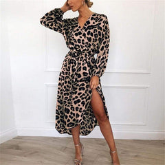 Leopard Dress Loose Long Sleeve Deep V-neck A-line Dress Mssaz Desses