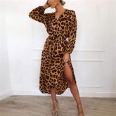 Leopard Dress Loose Long Sleeve Deep V-neck A-line Dress Mssaz Desses