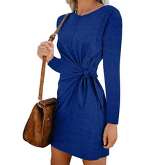 New Casual Sweatshirt Long Sleeve Crew Neck Lace-Up Autumn Winter Dress Elegant Ladies Bodycon T-Shirt Dress Mssaz Desses