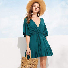 New Green V-neck Frill Mini Short Dress Ladies Short Sleeve Beach Skater Slim Sundress Mssaz Desses