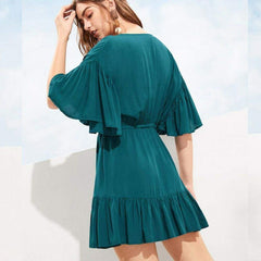 New Green V-neck Frill Mini Short Dress Ladies Short Sleeve Beach Skater Slim Sundress Mssaz Desses