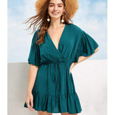 New Green V-neck Frill Mini Short Dress Ladies Short Sleeve Beach Skater Slim Sundress Mssaz Desses