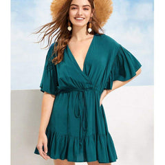 New Green V-neck Frill Mini Short Dress Ladies Short Sleeve Beach Skater Slim Sundress Mssaz Desses