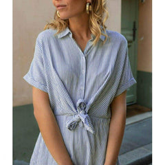 New Short Sleeve Button Bandage Dress Ladies V Neck Belted Casual Beach Party Striped Sundress Mssaz Desses