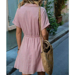 New Short Sleeve Button Bandage Dress Ladies V Neck Belted Casual Beach Party Striped Sundress Mssaz Desses