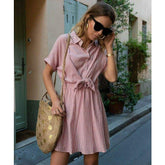 New Short Sleeve Button Bandage Dress Ladies V Neck Belted Casual Beach Party Striped Sundress Mssaz Desses