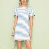 New Short Sleeve Mini T-shirt Dress Ladies Casual Round Neck Striped Tassel Loose Beach Sundress Mssaz Desses