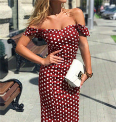 New Boho Polka Dot Dress Ladies Casual Bodycon Off Shoulder Party Evening Beach Pencil Sundress Mssaz Desses