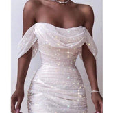 Off Shoulder Pleated White bodycon Dress Strapless Backless Shinny Dress Elegant Party Dresses Clothes Mssaz Desses