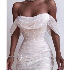 Off Shoulder Pleated White bodycon Dress Strapless Backless Shinny Dress Elegant Party Dresses Clothes Mssaz Desses