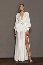 Phoebe V-neck Belted Slit Maxi Dress Mssaz Desses