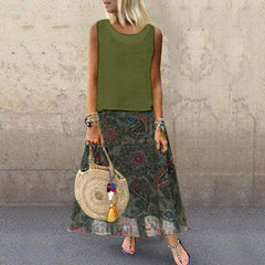 Plus Size Bohemian 2 Pcs Casual Set Sleeveless T-shirt Tee Top + Floral Dress Skirt Beach Holiday Suit Mssaz Desses