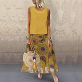 Plus Size Bohemian 2 Pcs Casual Set Sleeveless T-shirt Tee Top + Floral Dress Skirt Beach Holiday Suit Mssaz Desses