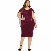 Clearance Rhinestone Ruched Embellished Capelet Dress O-Neck Sleeveless Mssaz Desses