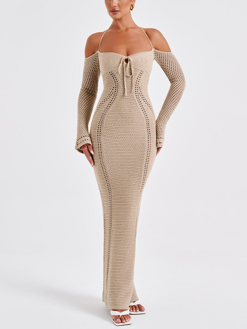 Backless Suspender Slim Hollow Long Sleeve Dress Mssaz Desses