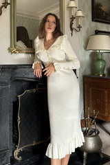 Sicily Ruffle Pearl Midi Knit Dress Mssaz Desses