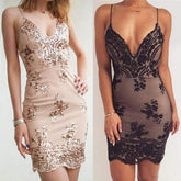 Dress Spaghetti Strap V Neck Sequined Lace Bodycon Dresses Sleeveless Party Evening Vestidos Femme Short Mini Dress Mssaz Desses