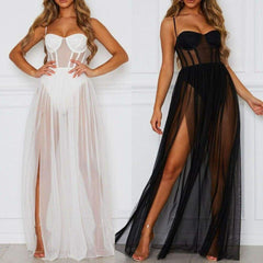 Mesh Cover Ups Sundress Perspective Sleeveless Backless Casual Long Bathing Suit Beach Clothes Mssaz Desses