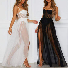 Mesh Cover Ups Sundress Perspective Sleeveless Backless Casual Long Bathing Suit Beach Clothes Mssaz Desses