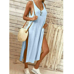 Solid Color Split Sleeveless V-Neck Loose Casual Party Bohemian Dress Holiday Beach Sundress Mssaz Desses