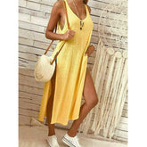 Solid Color Split Sleeveless V-Neck Loose Casual Party Bohemian Dress Holiday Beach Sundress Mssaz Desses