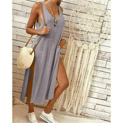 Solid Color Split Sleeveless V-Neck Loose Casual Party Bohemian Dress Holiday Beach Sundress Mssaz Desses