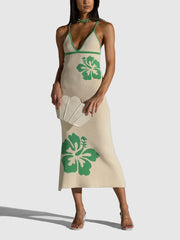 Knitted Suspender Halterneck V-Neck Backless Midi Dress Mssaz Desses